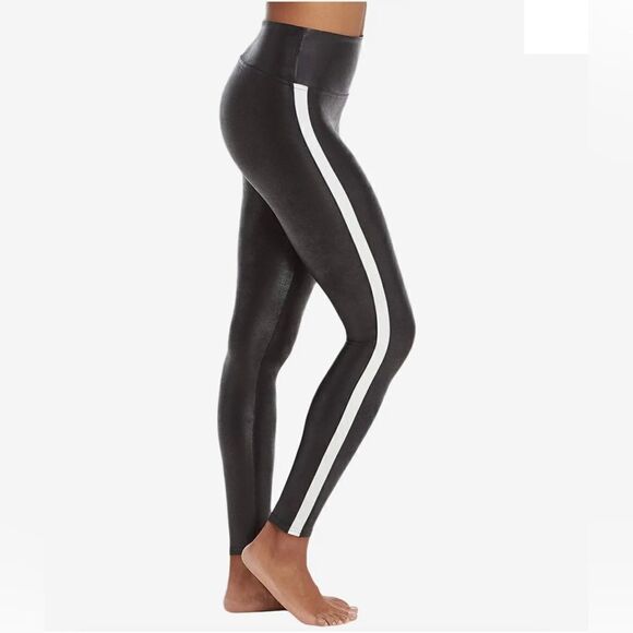 Spanx faux leather side stripe leggings small moto biker pants vegan edgy - Picture 1 of 7